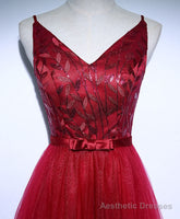 Burgundy V Neck Tulle Long Prom Dress, Evening Dress